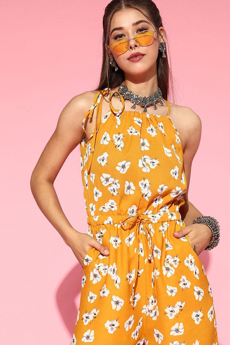 Mustard Polyester Sleeveless Floral Print Jumpsuit VJMP1012 | DesiQlo