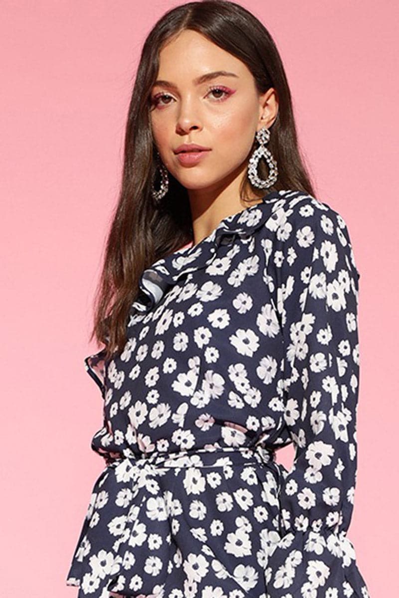 Navy Blue Polyester One Shoulder Floral Print Jumpsuit VJMP1022 | Desi