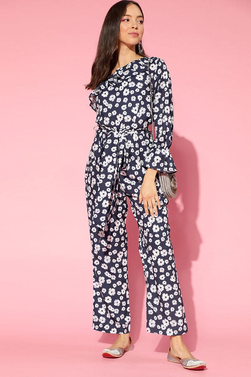 Navy Blue Polyester One Shoulder Floral Print Jumpsuit VJMP1022 | Desi