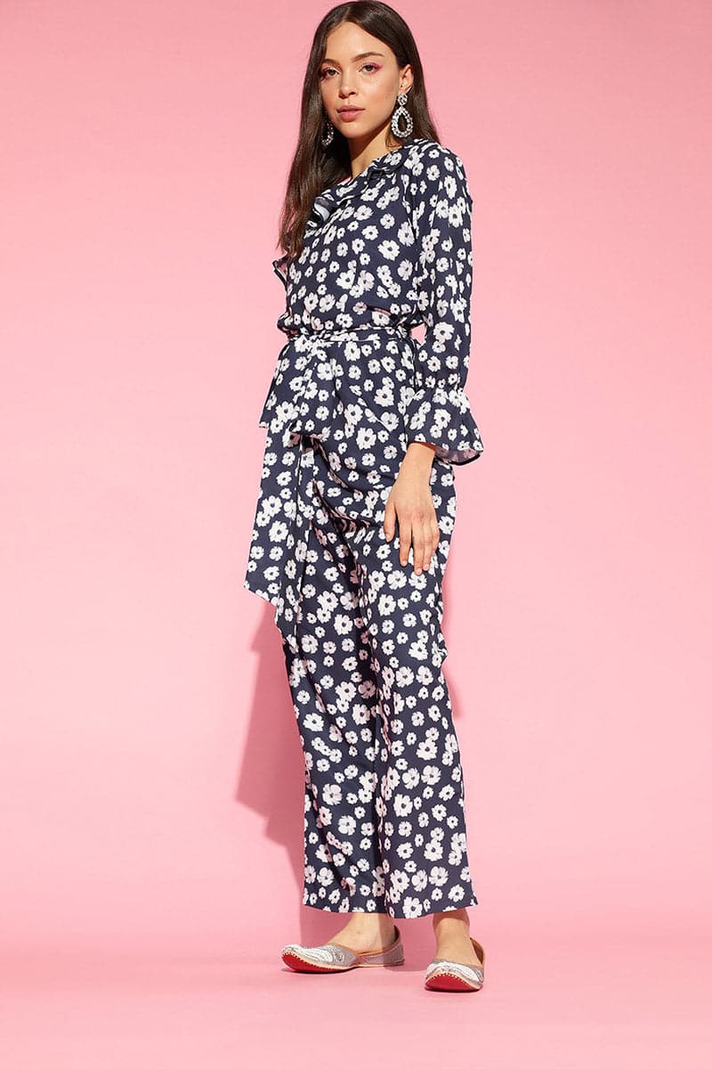 Navy Blue Polyester One Shoulder Floral Print Jumpsuit VJMP1022 | Desi