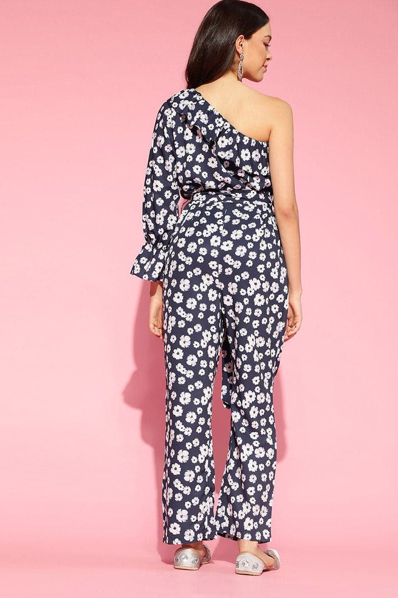 Navy Blue Polyester One Shoulder Floral Print Jumpsuit VJMP1022 | Desi
