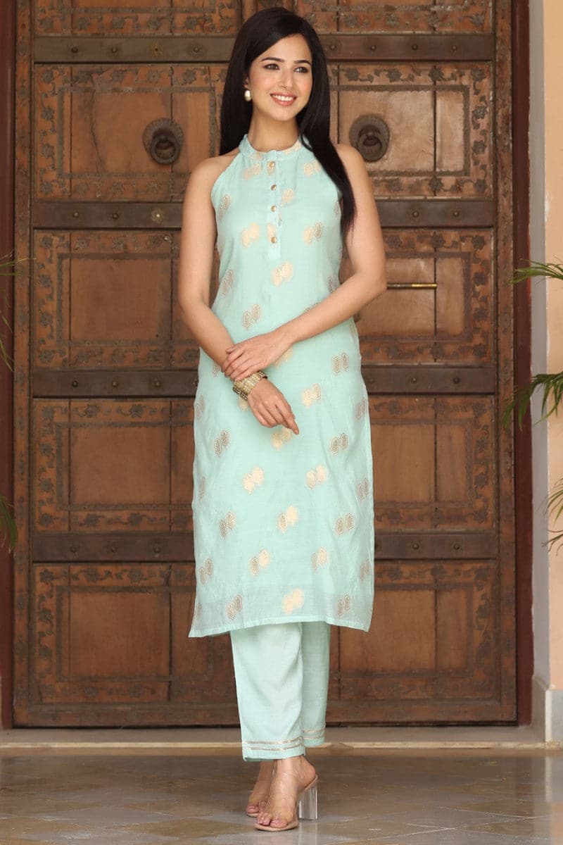 Blue Poly Chanderi Woven Kurta Set VKSET1259 | DesiQlo