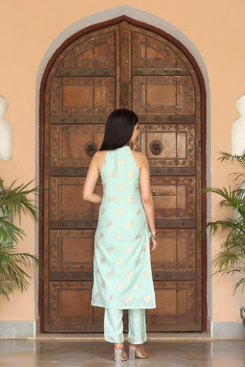 Blue Poly Chanderi Woven Kurta Set VKSET1259 | DesiQlo