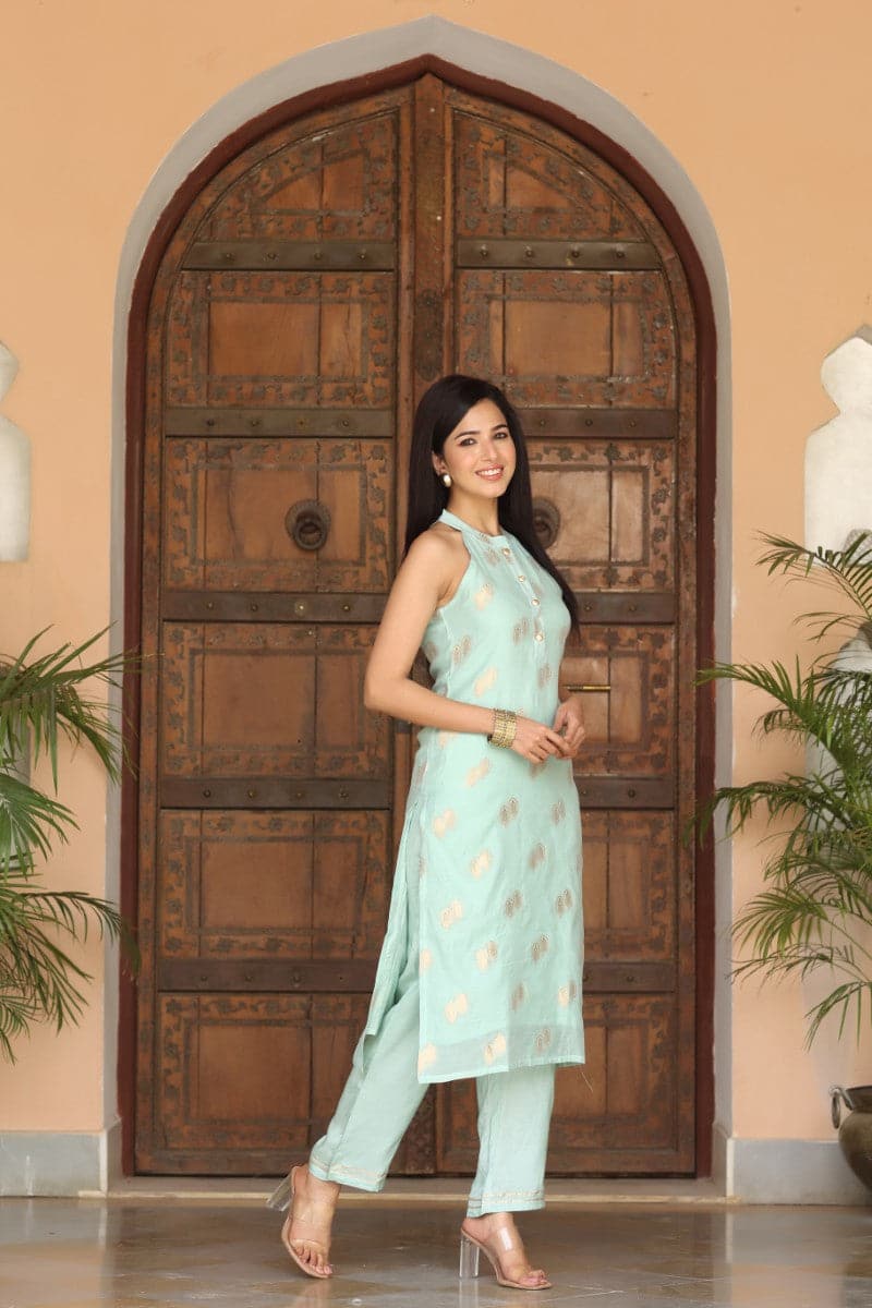 Blue Poly Chanderi Woven Kurta Set VKSET1259 | DesiQlo