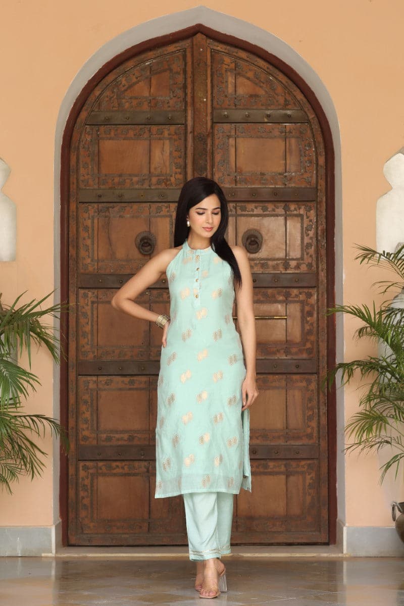 Blue Poly Chanderi Woven Kurta Set VKSET1259 | DesiQlo
