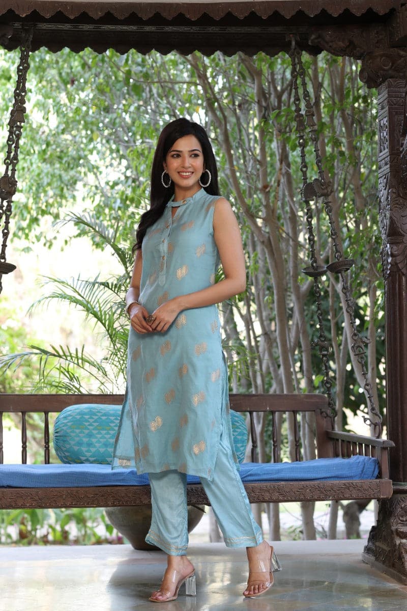 Blue Poly Chanderi Woven Kurta Set VKSET1262 | DesiQlo