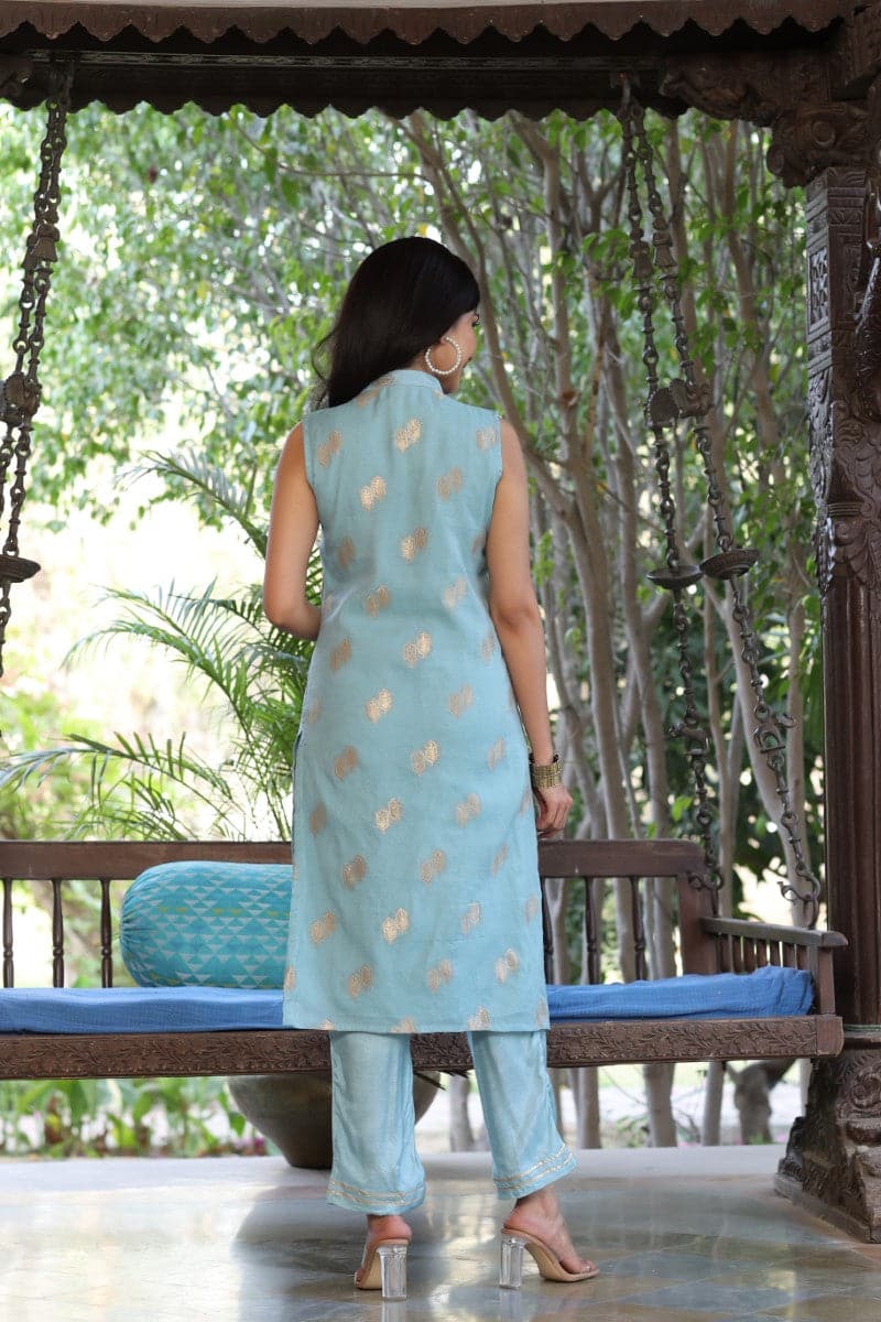 Blue Poly Chanderi Woven Kurta Set VKSET1262 | DesiQlo