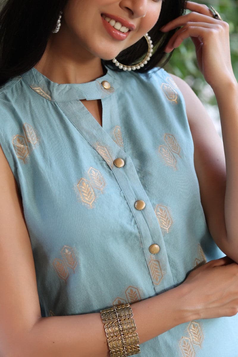 Blue Poly Chanderi Woven Kurta Set VKSET1262 | DesiQlo