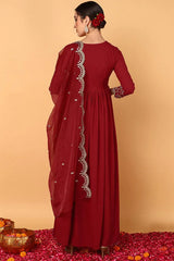 Women Red Georgette Embroidered Zari Work Flared Kurta with Dupatta