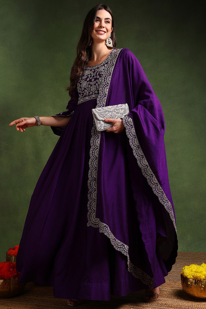 Purple Silk Blend Solid Embroidered Anarkali Gown With Dupatta VKSET15