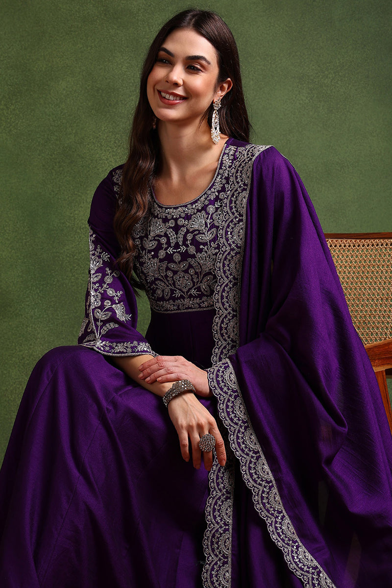 Purple Silk Blend Solid Embroidered Anarkali Gown With Dupatta VKSET15