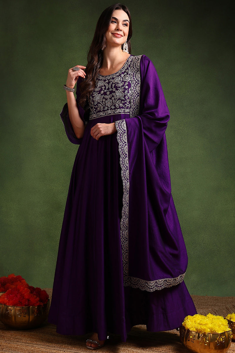 Purple Silk Blend Solid Embroidered Anarkali Gown With Dupatta VKSET15