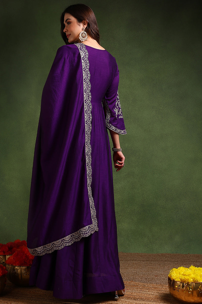 Purple Silk Blend Solid Embroidered Anarkali Gown With Dupatta VKSET15