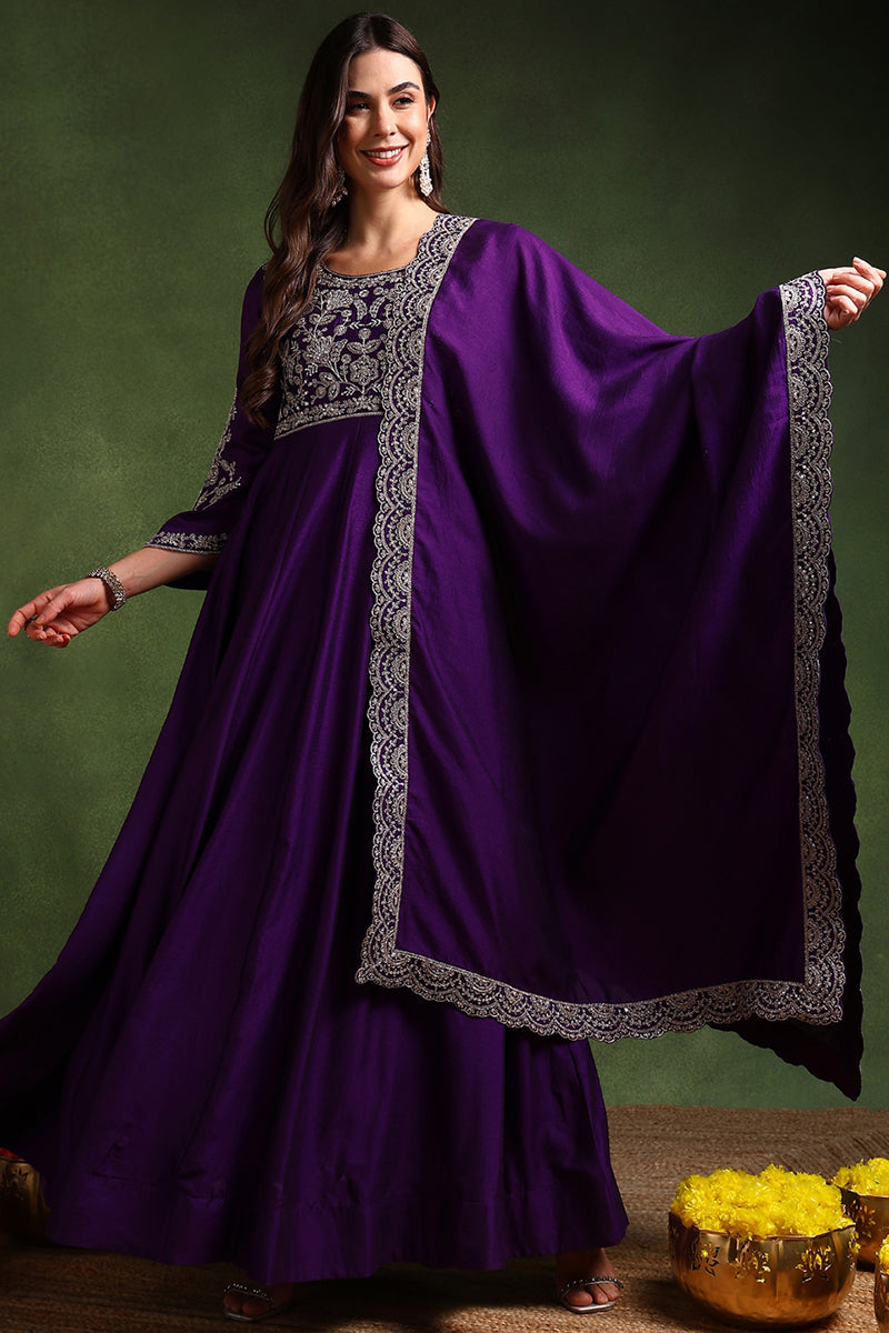 Purple Silk Blend Solid Embroidered Anarkali Gown With Dupatta VKSET15