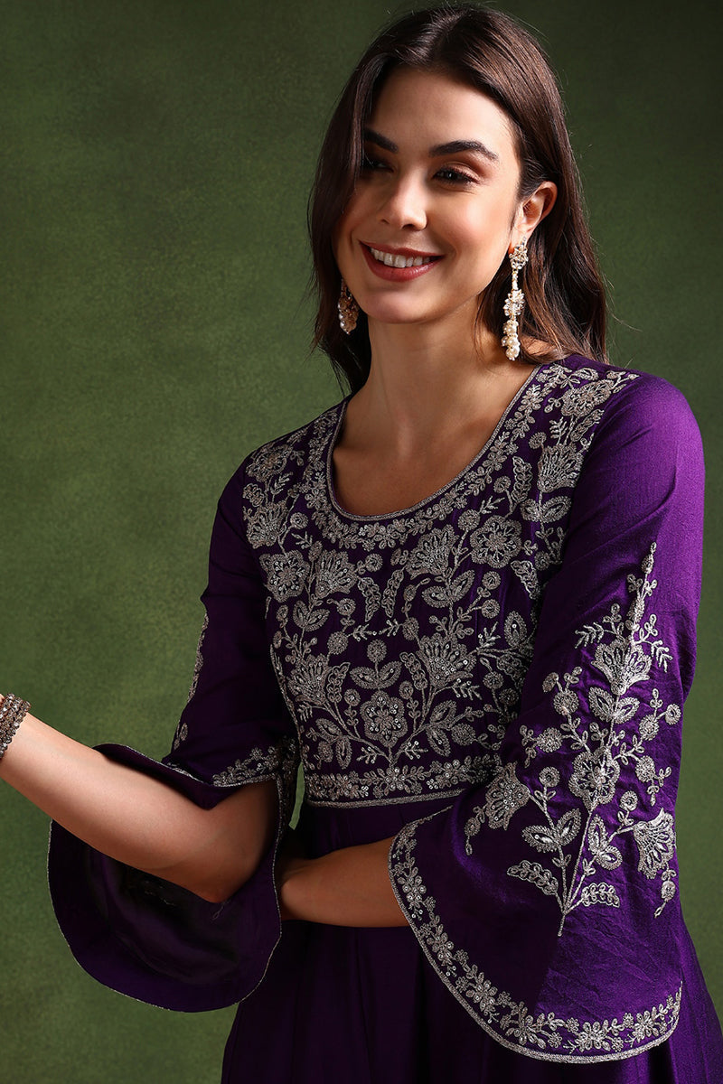 Purple Silk Blend Solid Embroidered Anarkali Gown With Dupatta VKSET15
