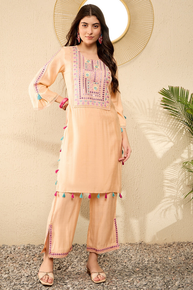 Peach Embroidered Viscose Rayon Straight Trouser Bottom Kurta Set VKSE