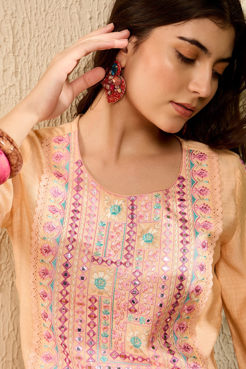 Peach Embroidered Viscose Rayon Straight Trouser Bottom Kurta Set VKSE