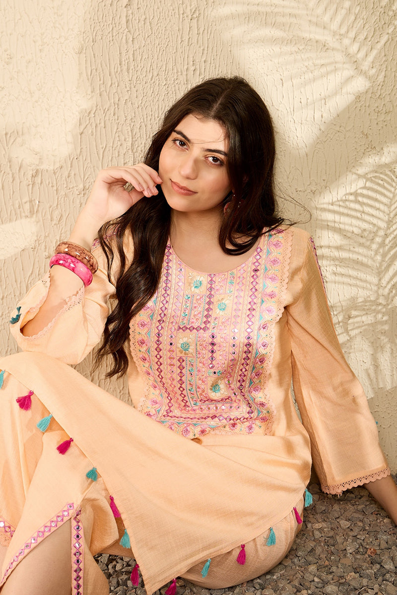 Peach Embroidered Viscose Rayon Straight Trouser Bottom Kurta Set VKSE