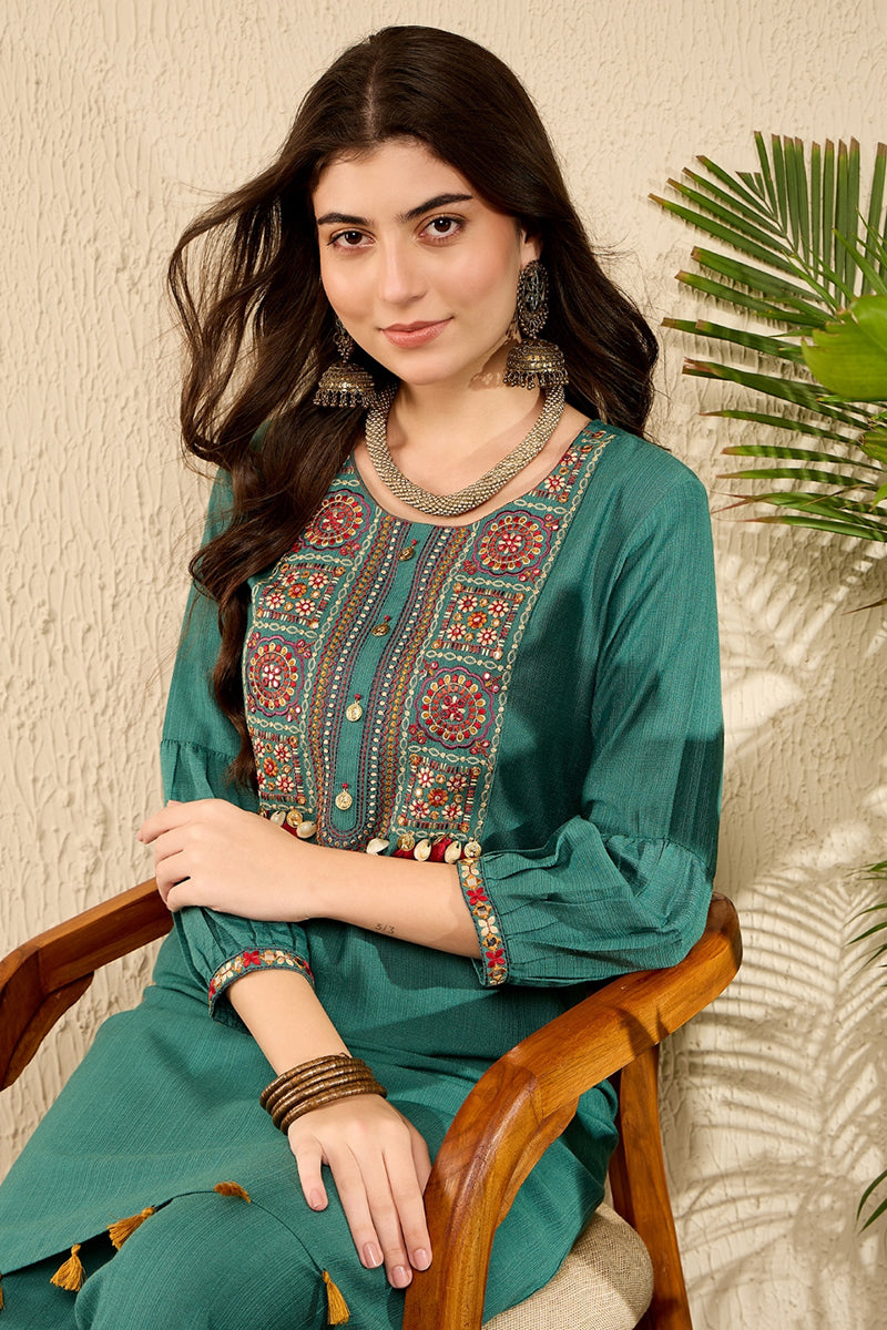 Teal Green Embroidered Viscose Rayon Straight Salwar Bottom Kurta Set 