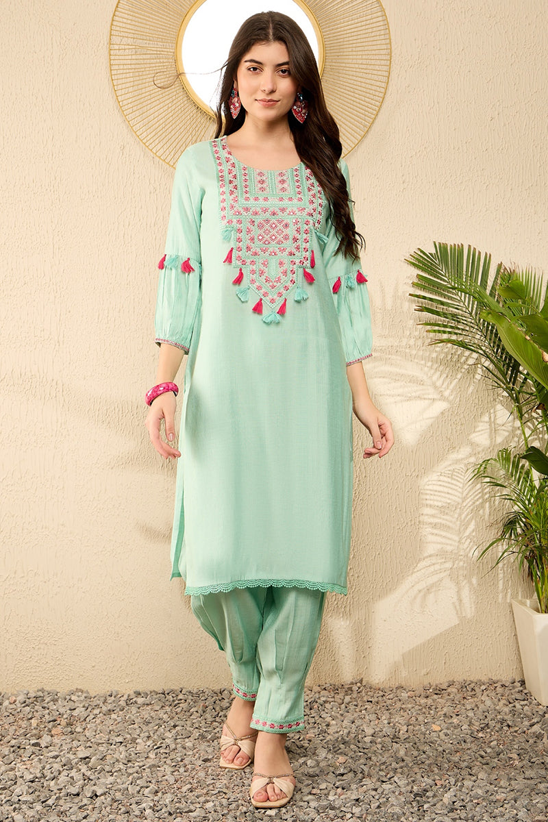 Sea Green Viscose Rayon Solid Embroidered Straight Salwar Kurta Set VK