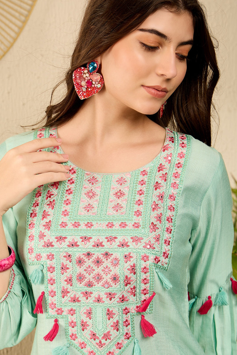 Sea Green Viscose Rayon Solid Embroidered Straight Salwar Kurta Set VK