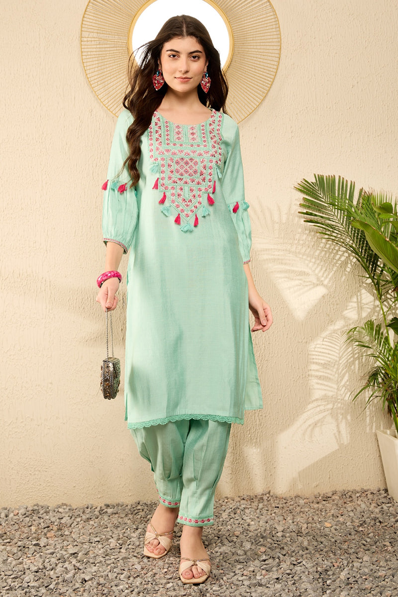 Sea Green Viscose Rayon Solid Embroidered Straight Salwar Kurta Set VK