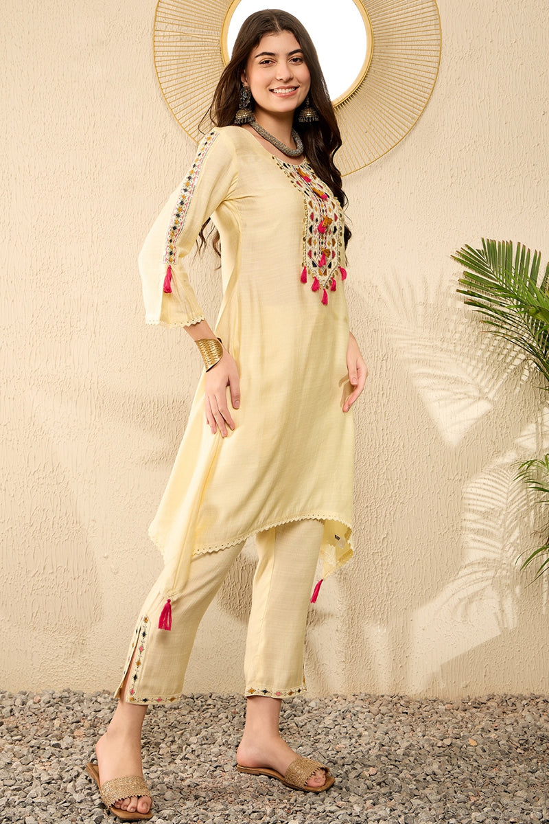Light Yellow Embroidered Viscose Rayon Straight Trouser Bottom Kurta S