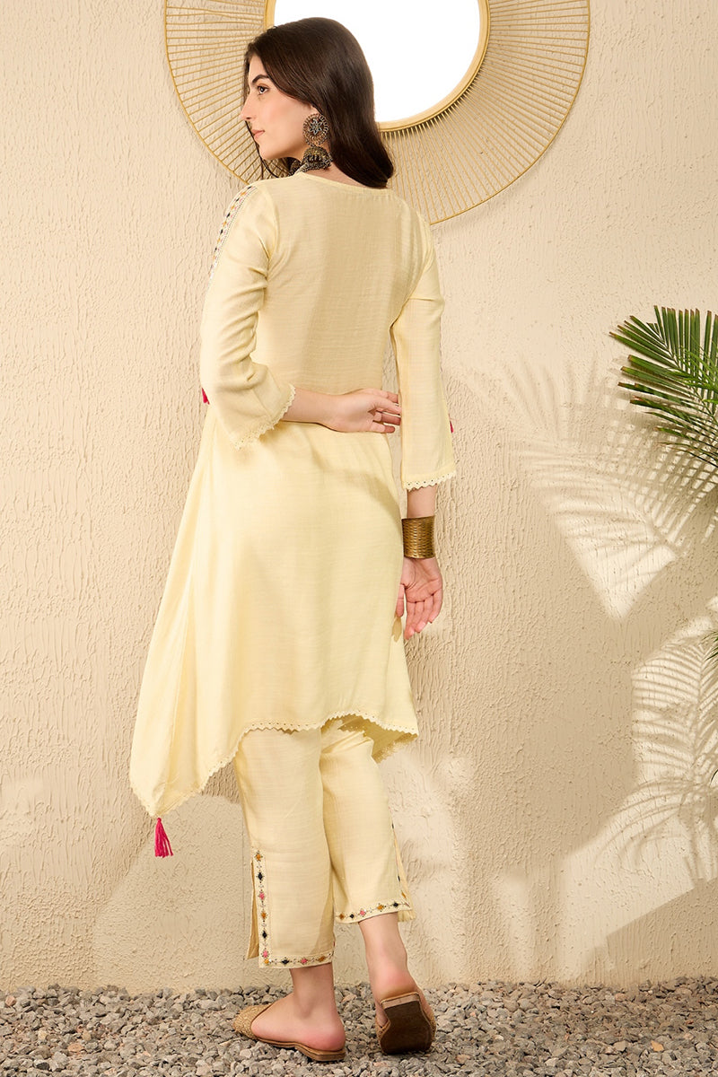 Light Yellow Embroidered Viscose Rayon Straight Trouser Bottom Kurta S