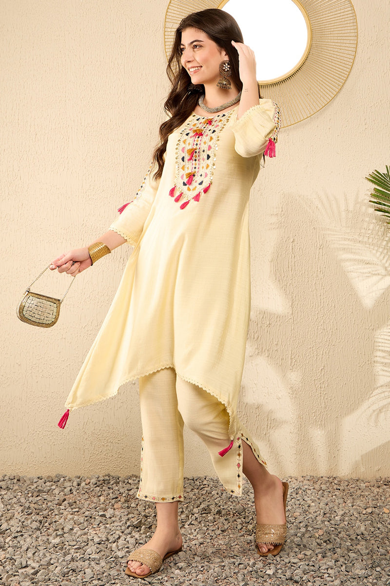 Light Yellow Embroidered Viscose Rayon Straight Trouser Bottom Kurta S