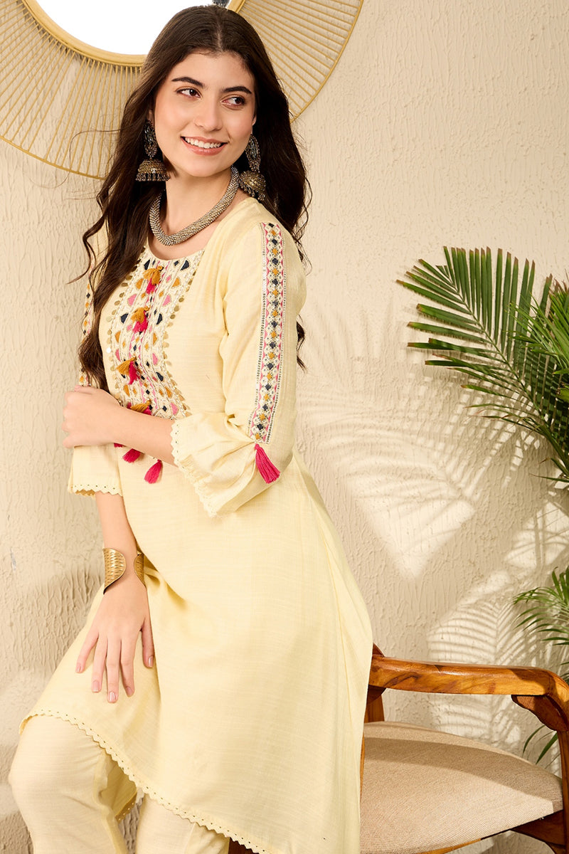 Light Yellow Embroidered Viscose Rayon Straight Trouser Bottom Kurta S