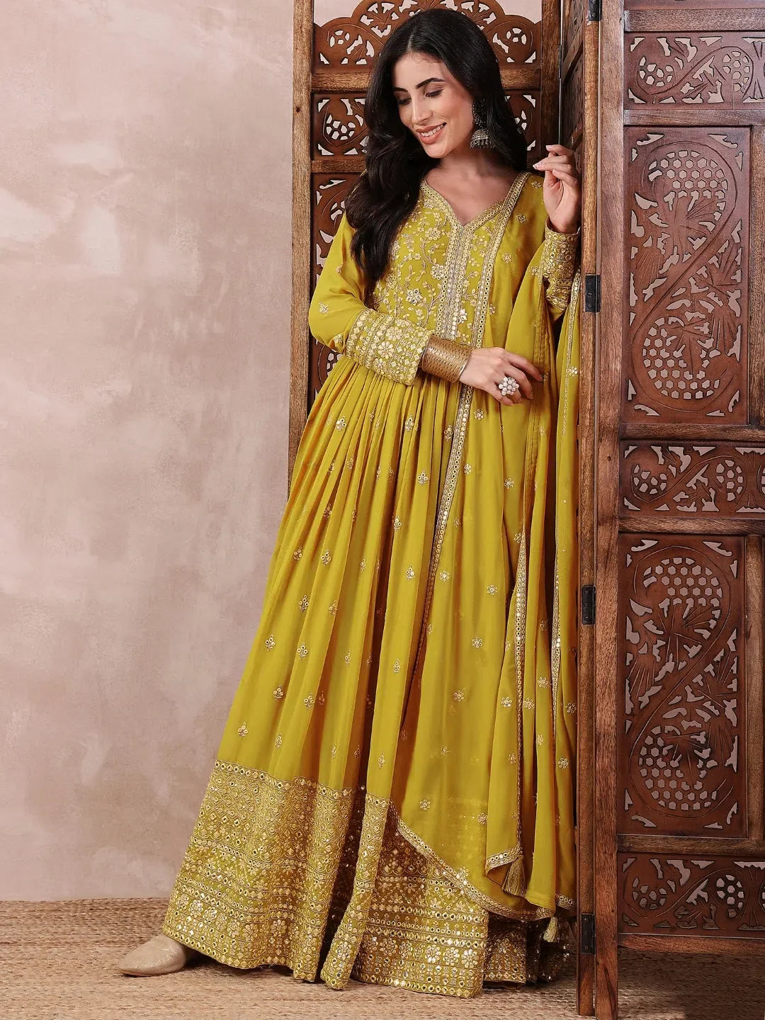 Women Mustard Georgette Solid Embroidered Anarkali Gown with Dupatta-VKSET1531