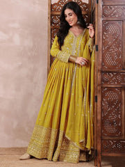 Women Mustard Georgette Solid Embroidered Anarkali Gown with Dupatta-VKSET1531