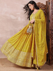 Women Mustard Georgette Solid Embroidered Anarkali Gown with Dupatta-VKSET1531