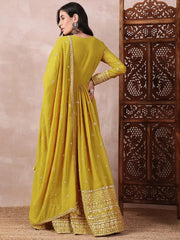 Women Mustard Georgette Solid Embroidered Anarkali Gown with Dupatta-VKSET1531