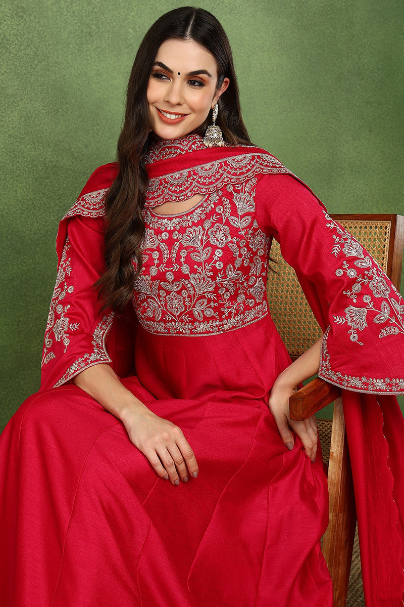 Red Silk Blend Solid Embroidered Anarkali Kurta Set VKSET1535 | DesiQl