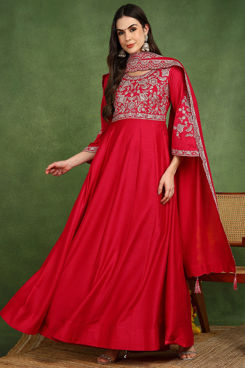 Red Silk Blend Solid Embroidered Anarkali Kurta Set VKSET1535 | DesiQl
