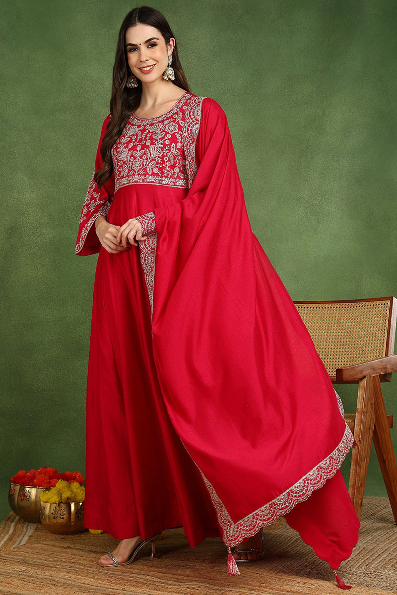 Red Silk Blend Solid Embroidered Anarkali Kurta Set VKSET1535 | DesiQl