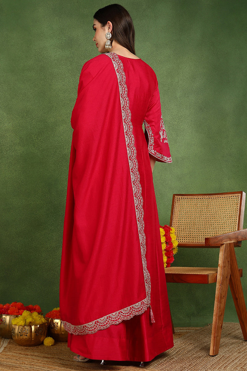 Red Silk Blend Solid Embroidered Anarkali Kurta Set VKSET1535 | DesiQl