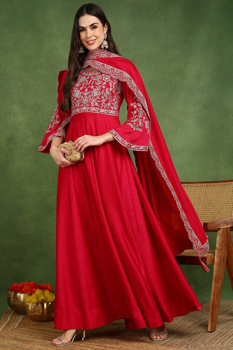 Red Silk Blend Solid Embroidered Anarkali Kurta Set VKSET1535 | DesiQl