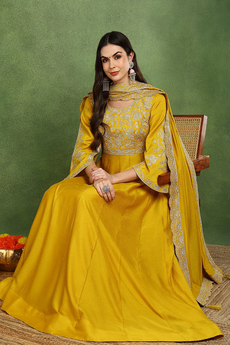 Mustard Yellow Silk Blend Solid Embroidered Anarkali Kurta Set VKSET15