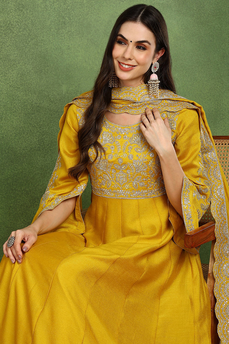 Mustard Yellow Silk Blend Solid Embroidered Anarkali Kurta Set VKSET15