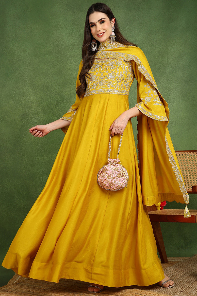 Mustard Yellow Silk Blend Solid Embroidered Anarkali Kurta Set VKSET15