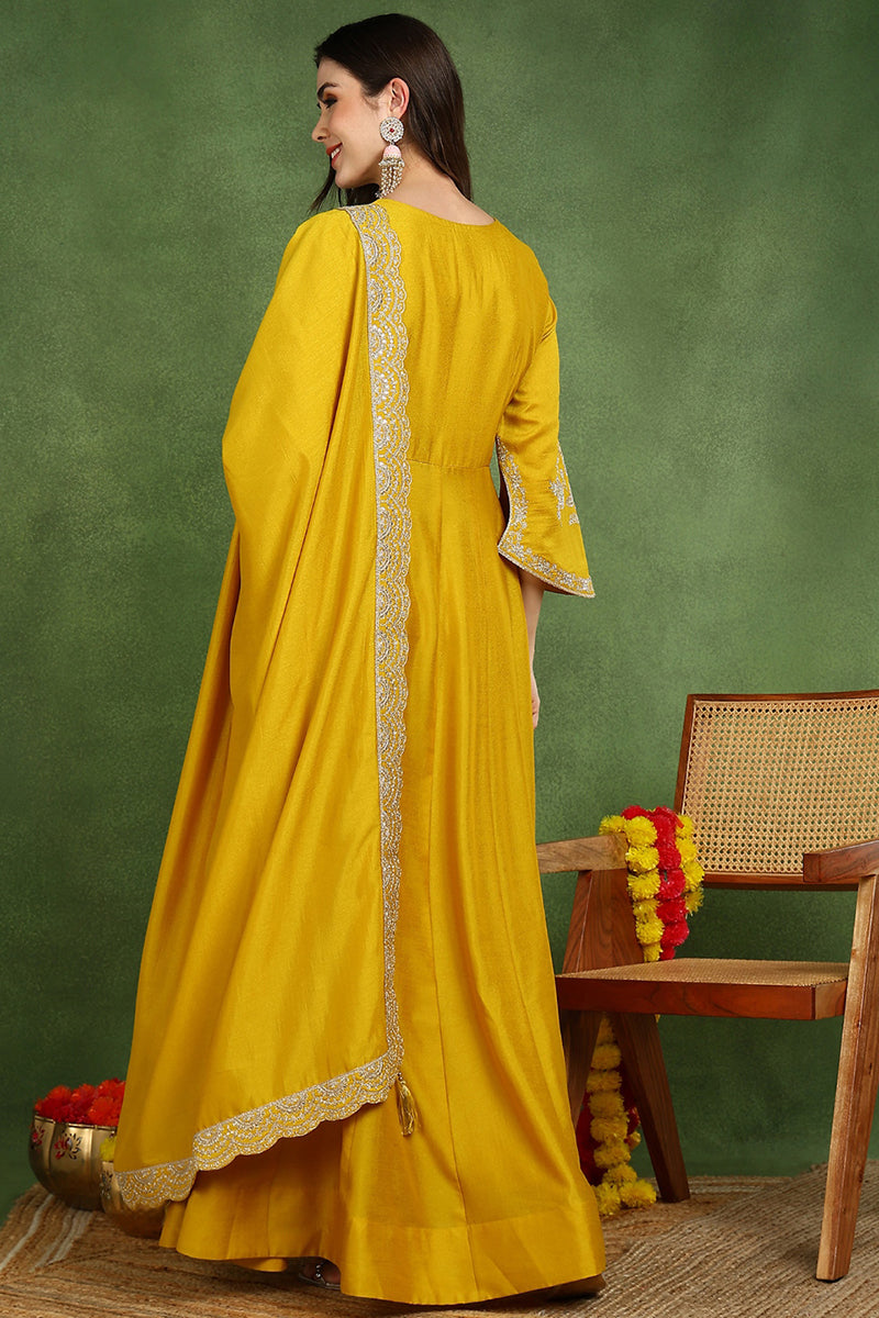 Mustard Yellow Silk Blend Solid Embroidered Anarkali Kurta Set VKSET15