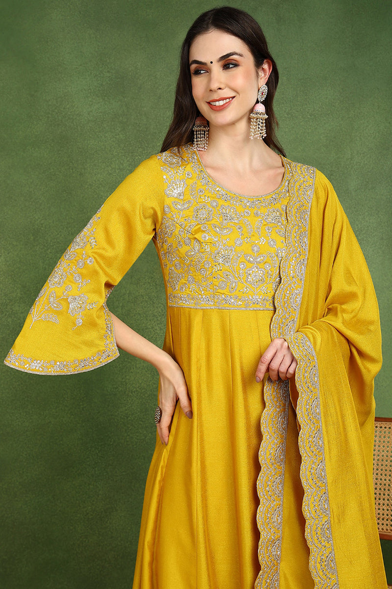 Mustard Yellow Silk Blend Solid Embroidered Anarkali Kurta Set VKSET15