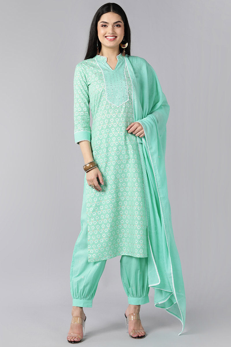 Sea Green Pure Cotton Straight Kurta Pant With Dupatta VKSKD1274
