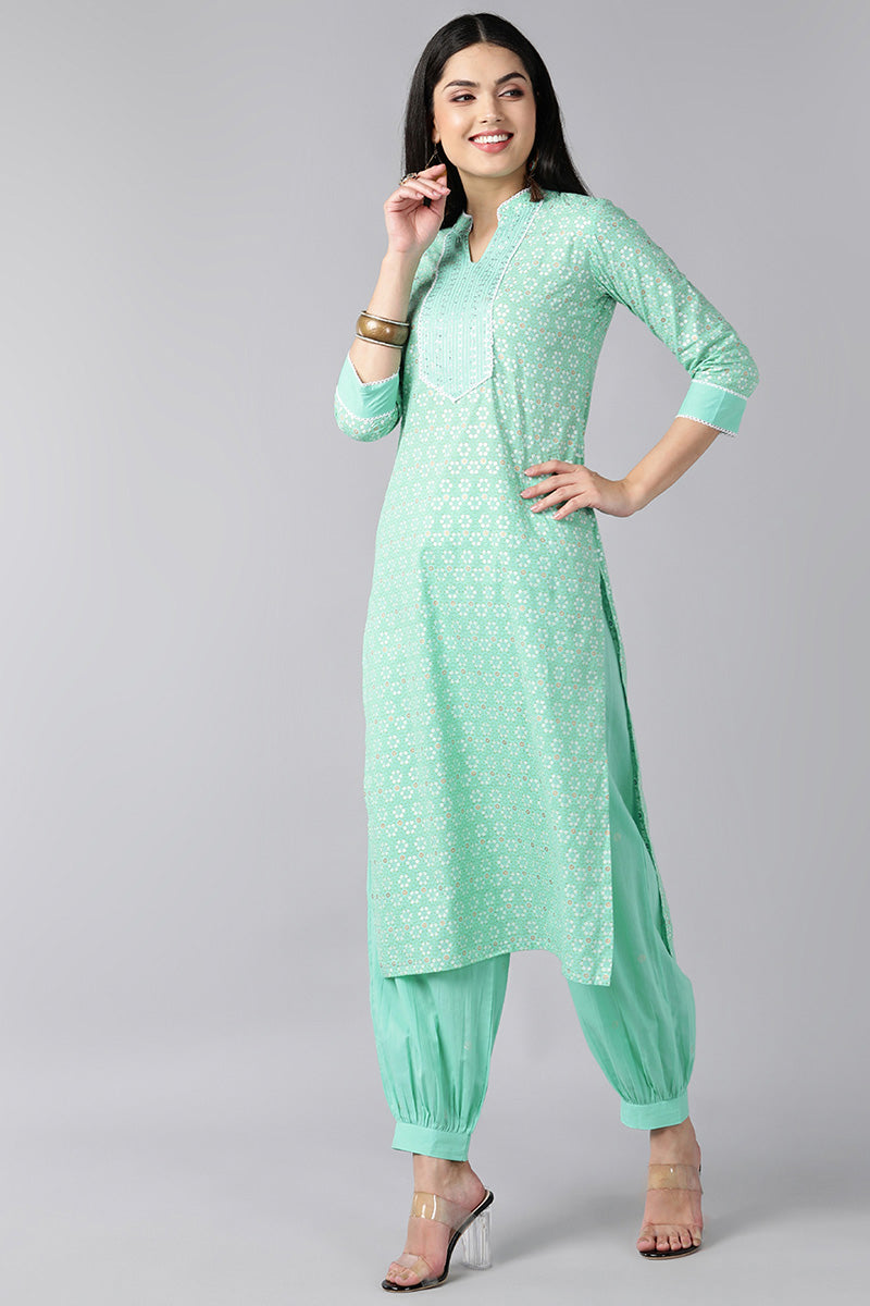 Sea Green Pure Cotton Straight Kurta Pant With Dupatta VKSKD1274