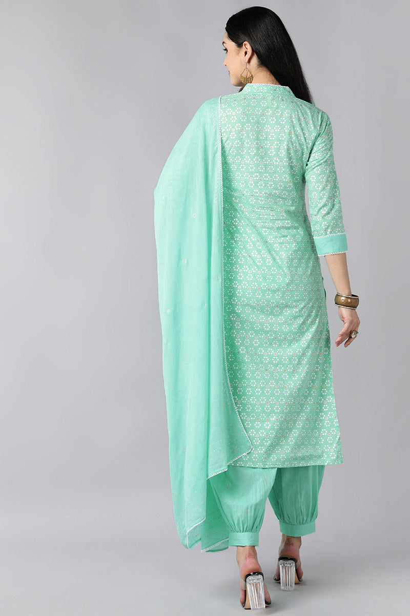 Sea Green Pure Cotton Straight Kurta Pant With Dupatta VKSKD1274