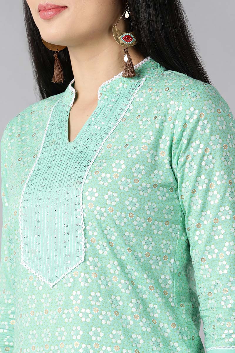 Sea Green Pure Cotton Straight Kurta Pant With Dupatta VKSKD1274