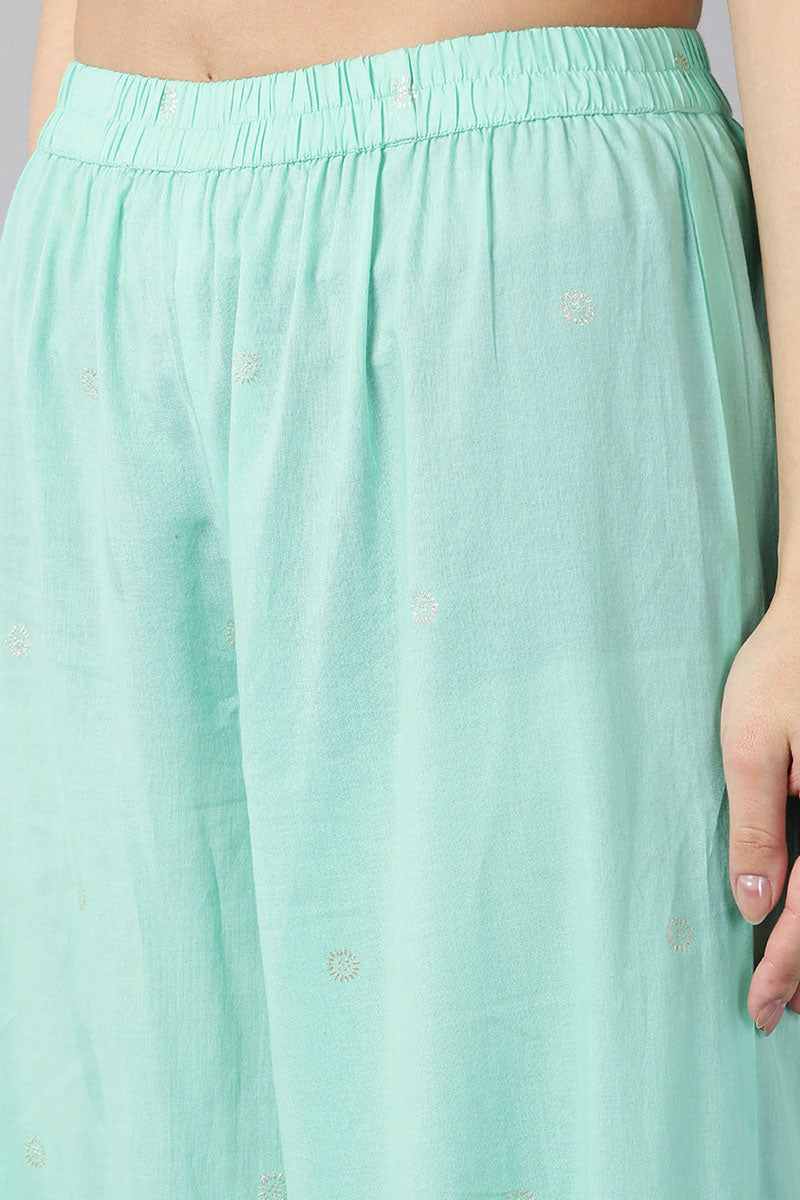 Sea Green Pure Cotton Straight Kurta Pant With Dupatta VKSKD1274