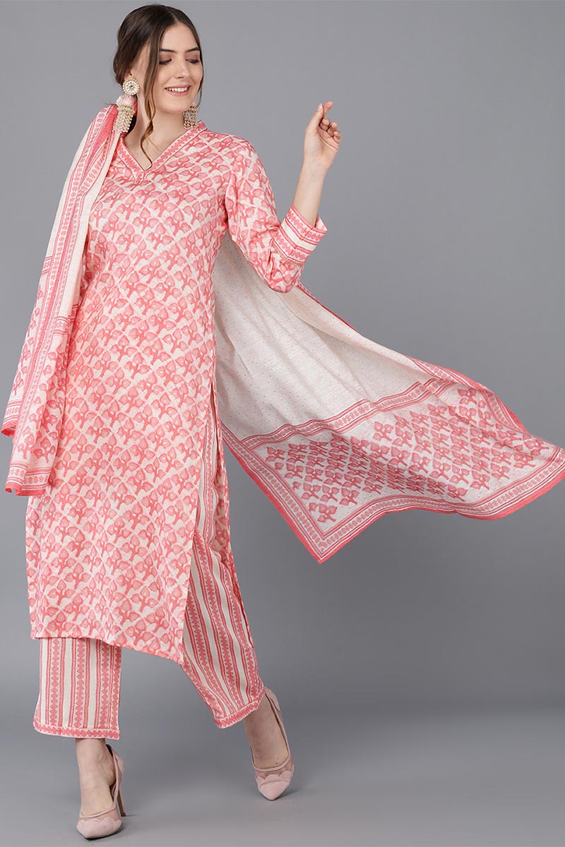 Peach Cotton Blend Straight Suit Set VKSKD1526 | DesiQlo